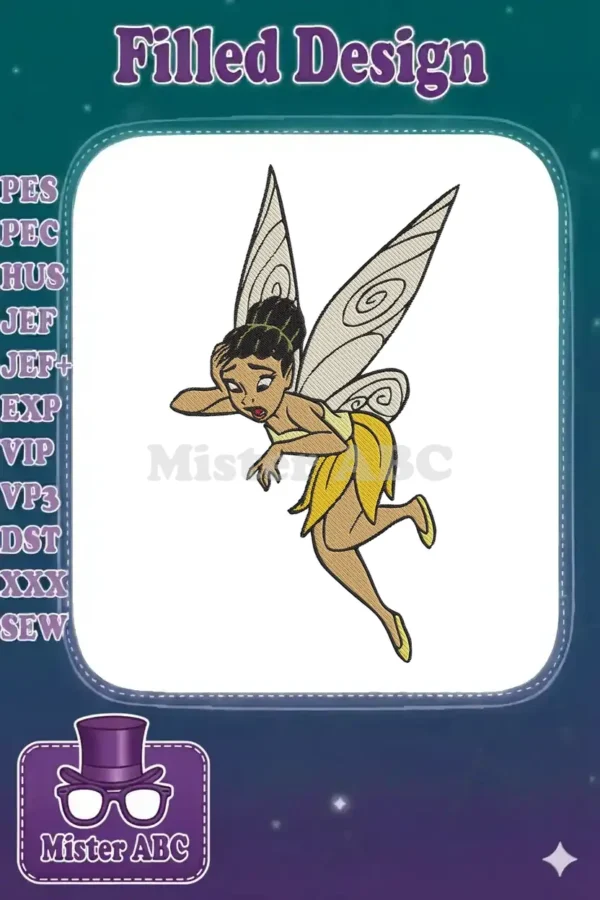 Full-color machine embroidery design of a dark-skinned fairy with black hair, wide-eyed and hand on head, in flight.