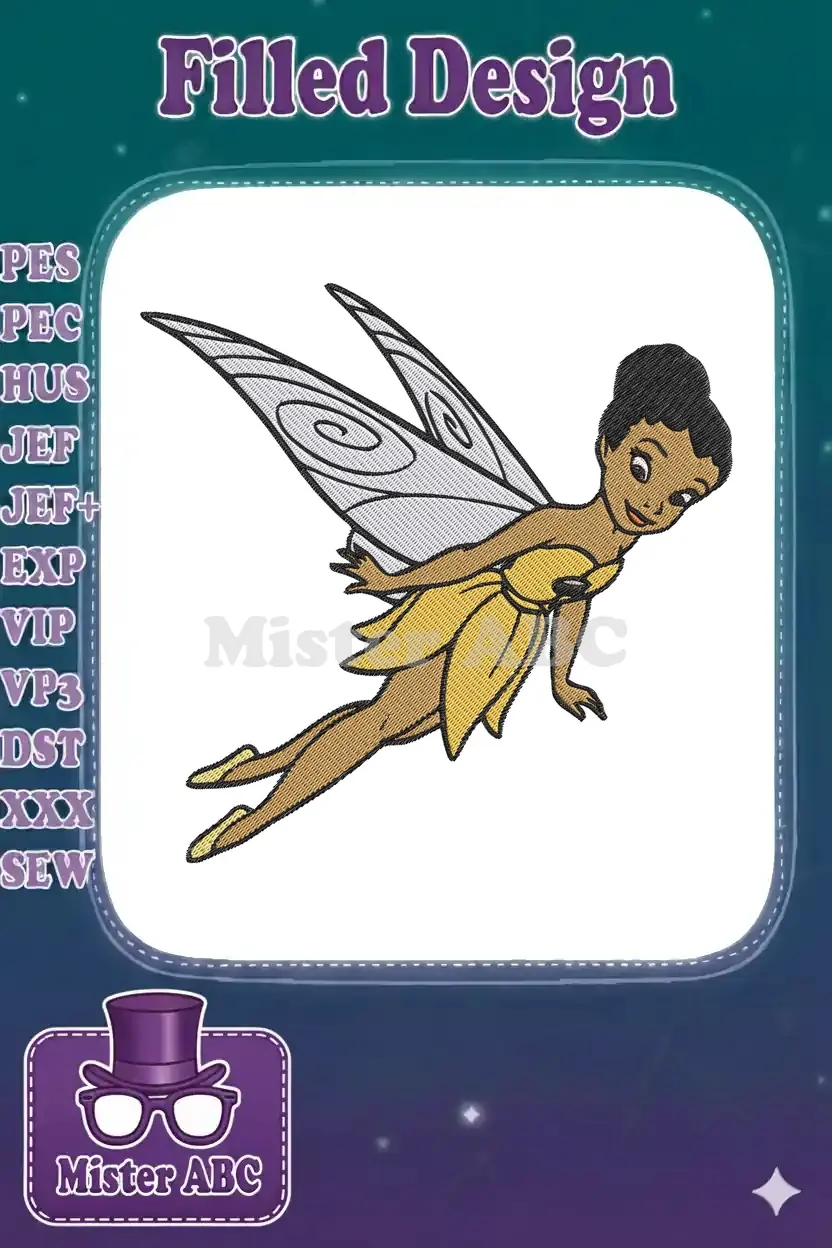 Close-up of a vibrant African American fairy embroidery design, showcasing intricate stitching, a yellow dress, and delicate wings.