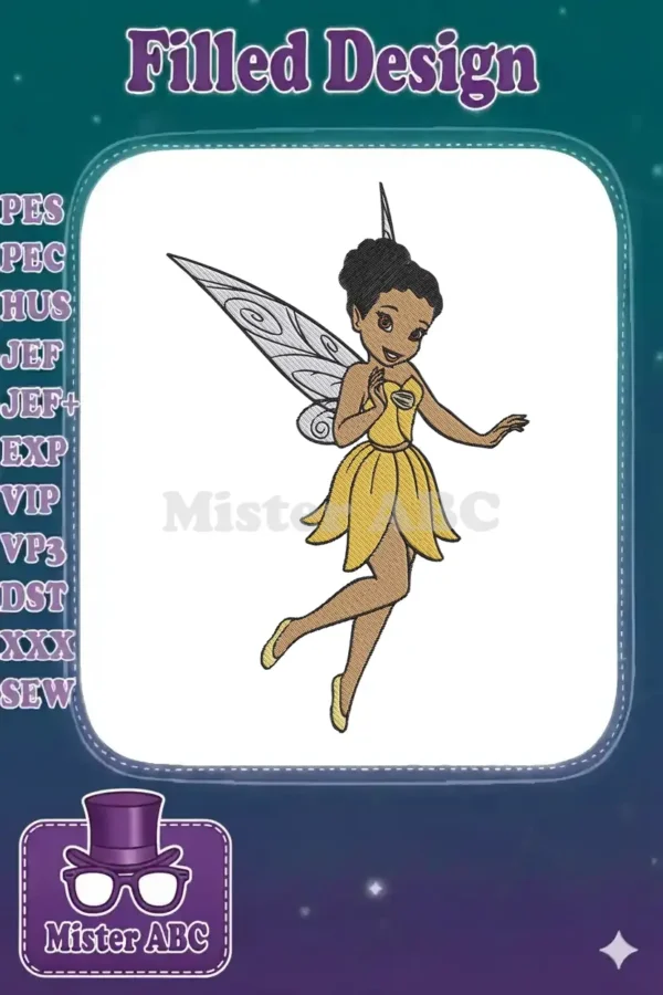 An enchanting embroidery design of a dark-skinned fairy with a yellow petal dress and delicate, detailed wings.