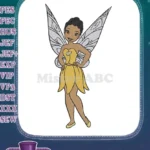 Smiling African American fairy in yellow dress embroidery designs - Instant Download