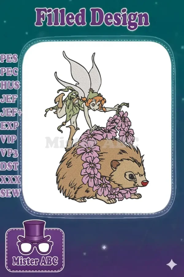 Full view of an embroidered fairy with red hair and green attire, riding a brown hedgehog adorned with pink flowers.