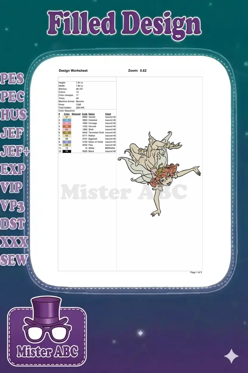 Embroidery design worksheet detailing stitch count, dimensions, 12 color stops, and thread codes for the fairy design.