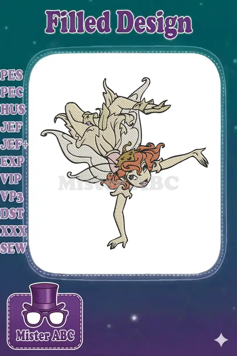 Full-color embroidered fairy design featuring a red-haired character with elaborate wings in a dynamic, playful pose on a white background.