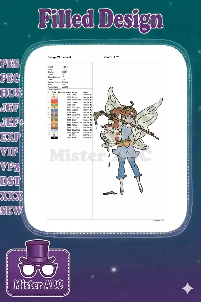Embroidery design worksheet detailing dimensions, stitch count, color sequence, and machine formats.