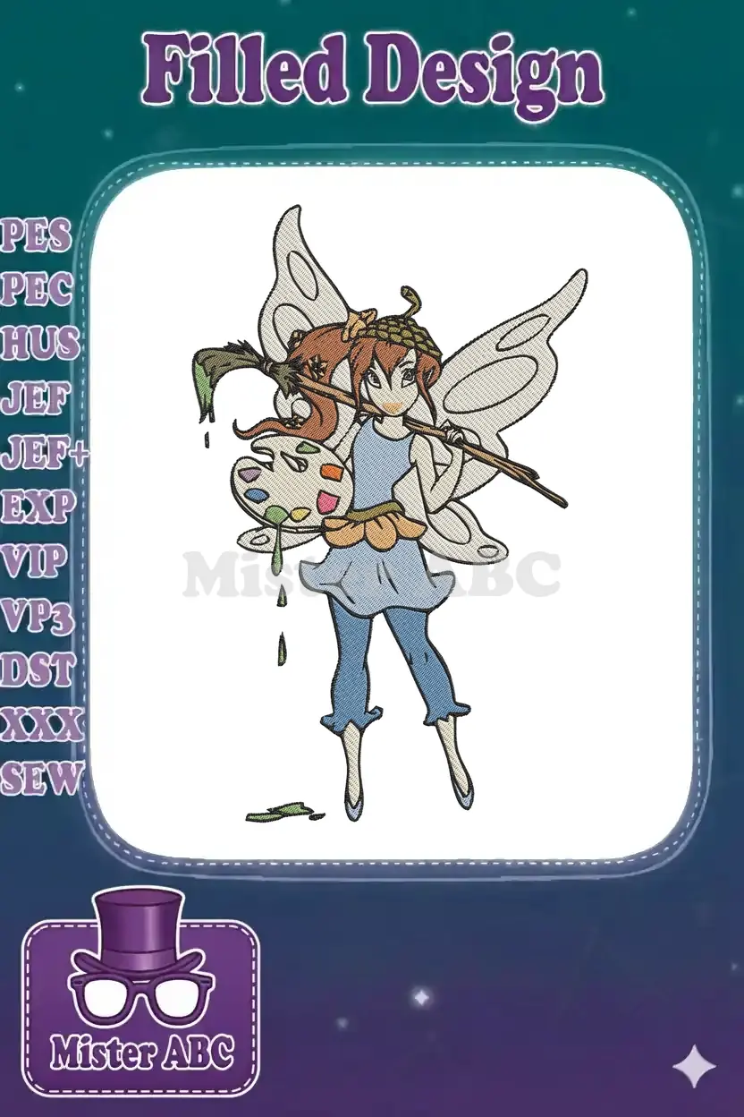 A charming embroidery design featuring a fairy artist with a paint palette, brush, and delicate wings.