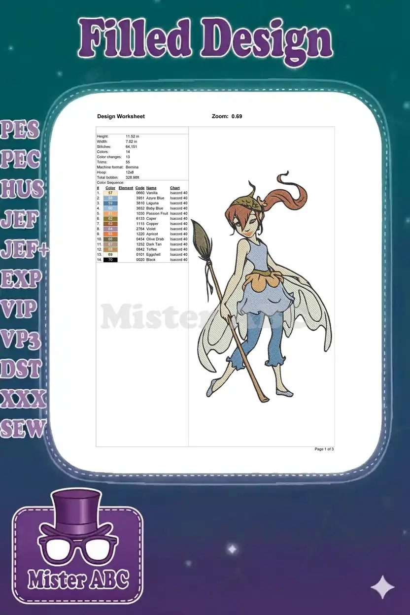 Detailed embroidery design worksheet showing technical specifications, color chart, stitches, and dimensions.
