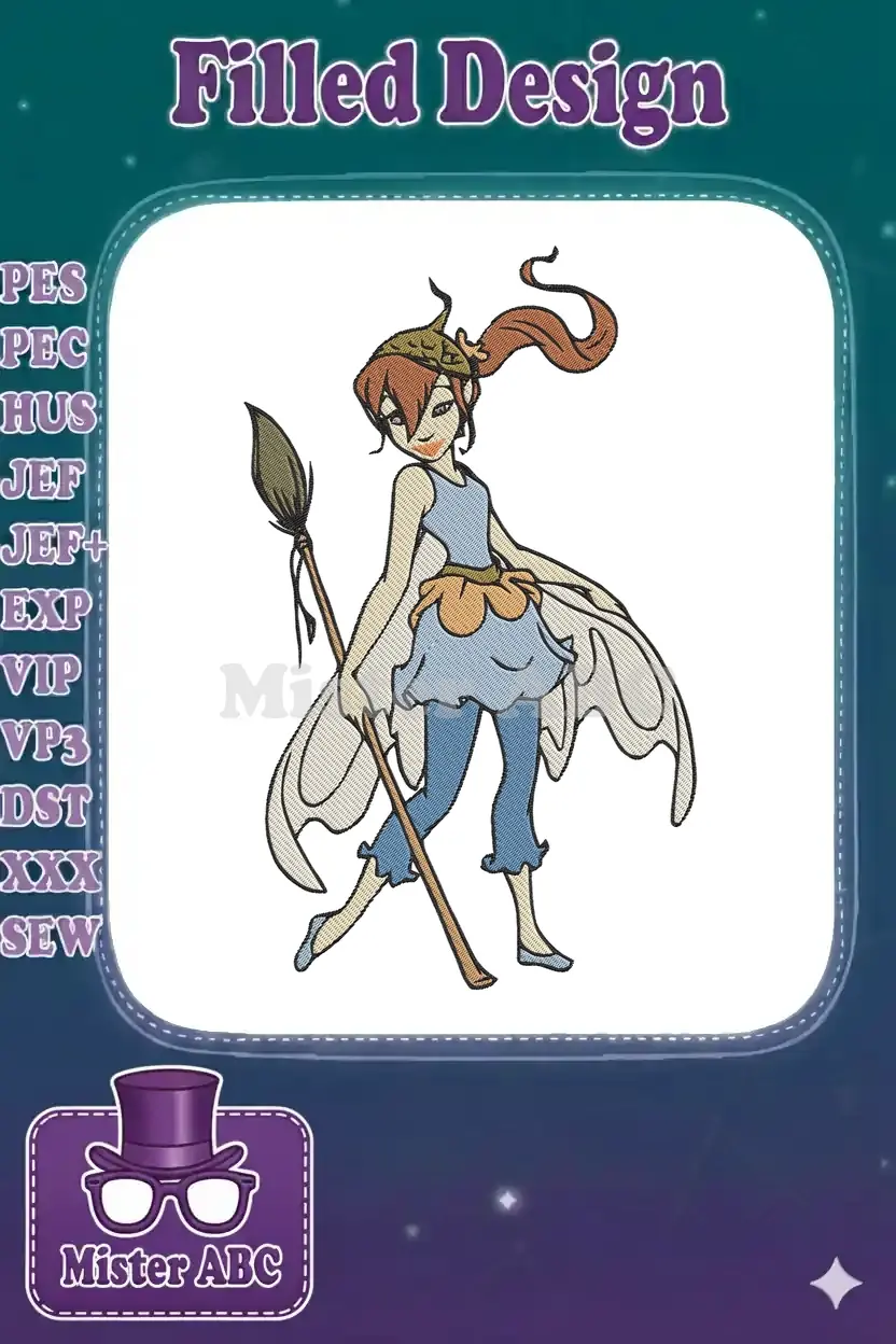 Full-body embroidery design of a charming pixie fairy with an acorn hat, flowing hair, wings, and a broom staff.