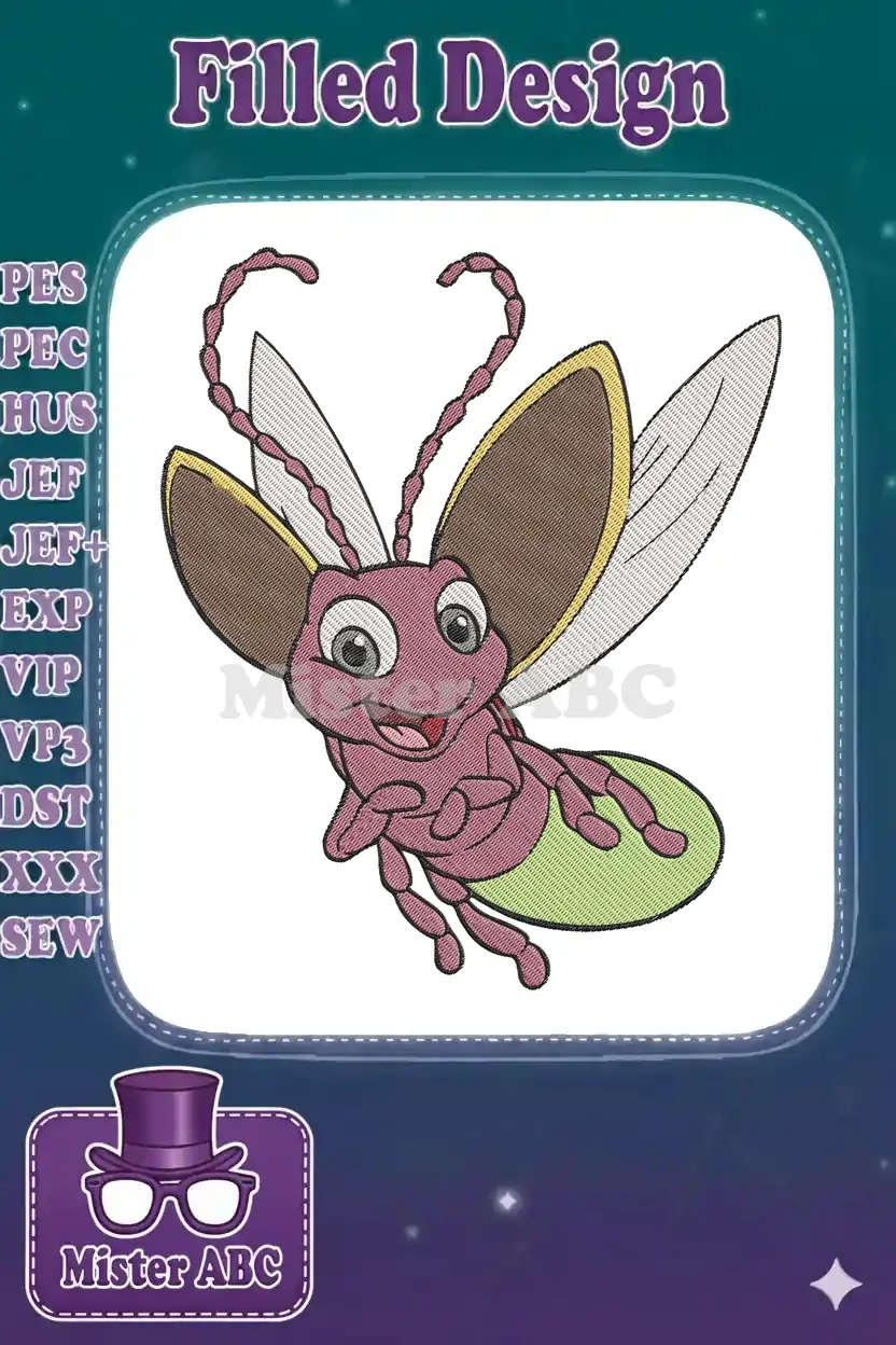 A vibrant, happy cartoon firefly embroidery design, featuring a pink body, large brown wings, and glowing green tail.