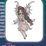 Beautiful Dark-Haired Fairy with Pink Dress Floral Embroidery Designs - Instant Download