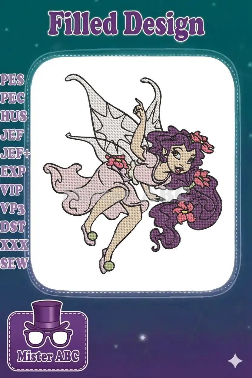 A vibrant fairy embroidery design with purple hair, pink dress, and elegant wings, pointing upwards. A magical addition.