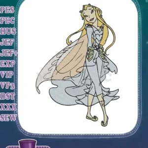 Full-body embroidery design of a graceful fairy with long blonde hair, light blue dress, and beige wings, on a white background.