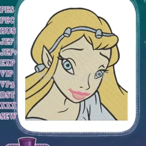 Close-up embroidery of Princess Zelda from Skyward Sword, featuring her blonde hair, blue eyes, and delicate headband.