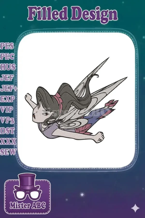 Detailed embroidery design of a flying fairy with long dark hair, delicate wings, and a dynamic pose.