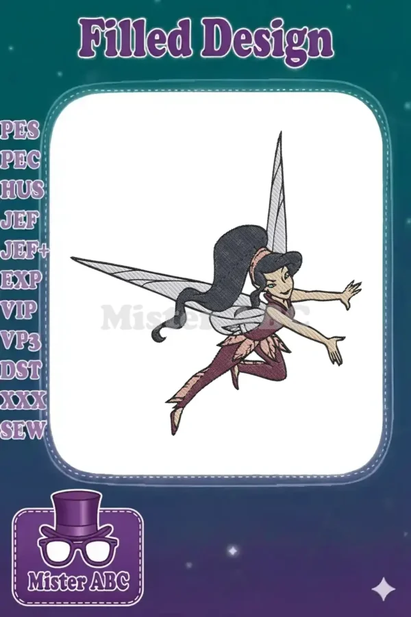 Embroidered design of Vidia, the Disney fairy, in a dynamic flight pose with dark hair and pointed wings.