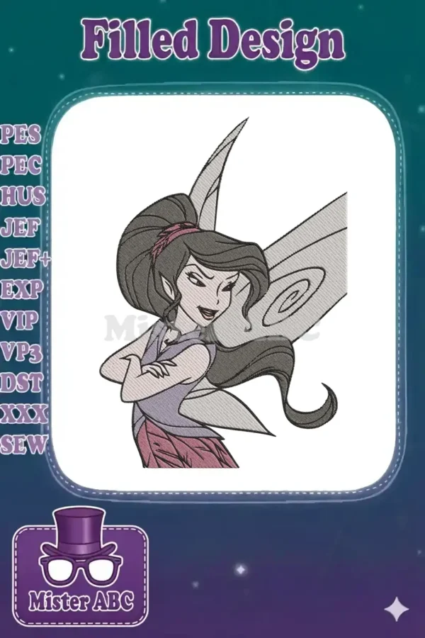 A digitally embroidered image of Vidia the fairy, with dark hair, purple top, pink skirt, and grey wings, arms crossed.