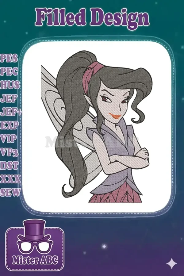 Vidia, the fast-flying Disney fairy, is depicted with crossed arms and a stern expression in this detailed embroidery.