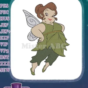 A vibrant machine embroidery design of Fawn, the animal fairy from Tinker Bell, in a playful, confident pose.