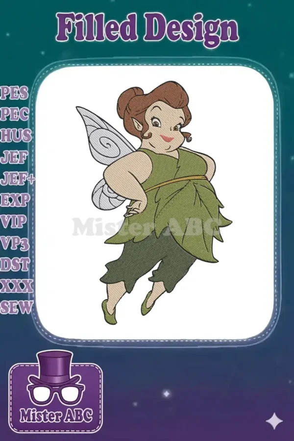 A vibrant machine embroidery design of Fawn, the animal fairy from Tinker Bell, in a playful, confident pose.