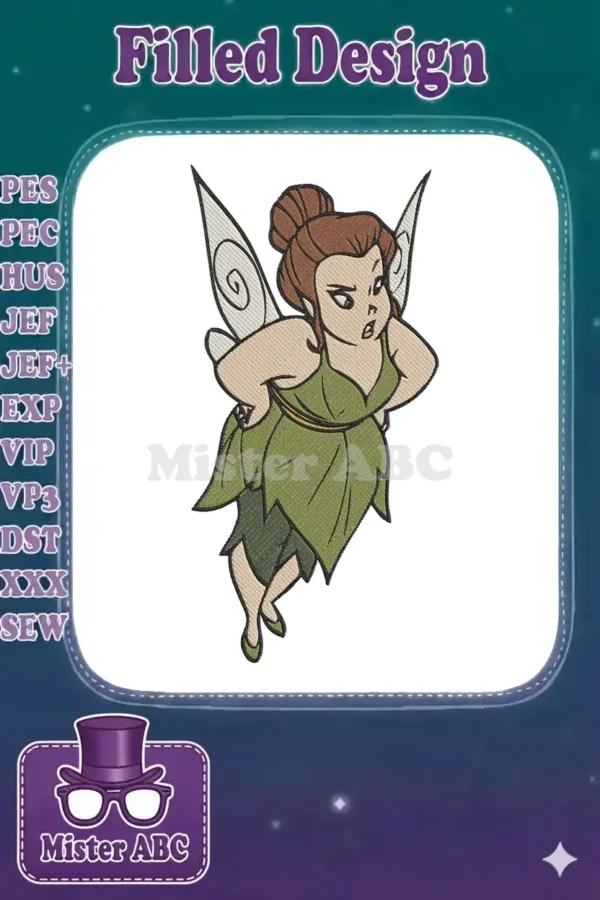 A vibrant embroidery design of a confident, plus-sized fairy with hands on hips, a green dress, and wings.