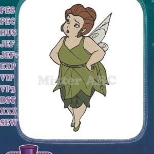 Detailed embroidery design of a plump fairy with brown hair, green leaf dress, and wings, hands on hips.