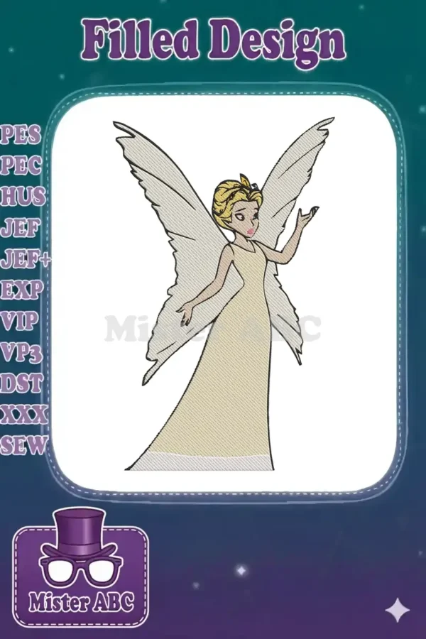 Full-view embroidery of a graceful fairy with blonde hair, a long light-colored dress, and large delicate wings.