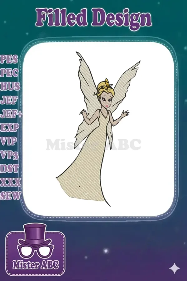A full-body embroidery design of Tinker Bell, featuring her signature blonde bun, elegant dress, and delicate wings.