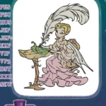 Whimsical fairy in pink dress writing with quill embroidery designs - Instant Download