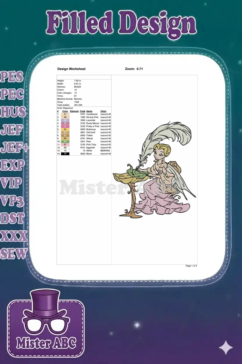 Embroidery design worksheet displaying dimensions, stitch count, color sequence chart, and a small preview of the fairy design.