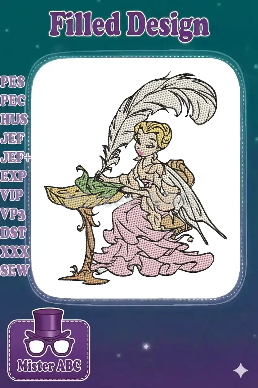 Elegant blonde fairy scribe with delicate wings, wearing a pink gown, writing at a decorative desk with a large quill pen.