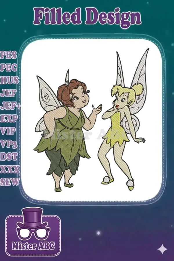 Vibrant embroidery design showcasing Tinker Bell and a charming chubby fairy, both with detailed wings.