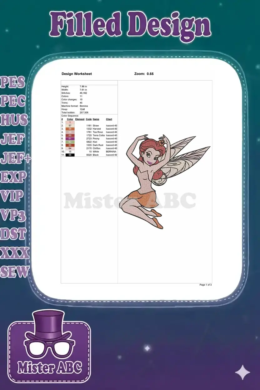 Embroidery design worksheet detailing fairy dimensions, stitch count, thread colors, and machine specifications.