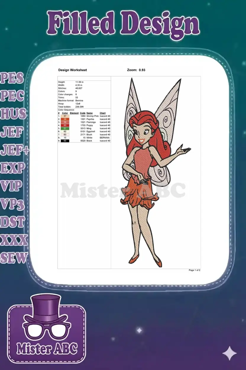 Embroidery design worksheet for Bloom fairy, detailing dimensions, stitch count, colors, and thread information.