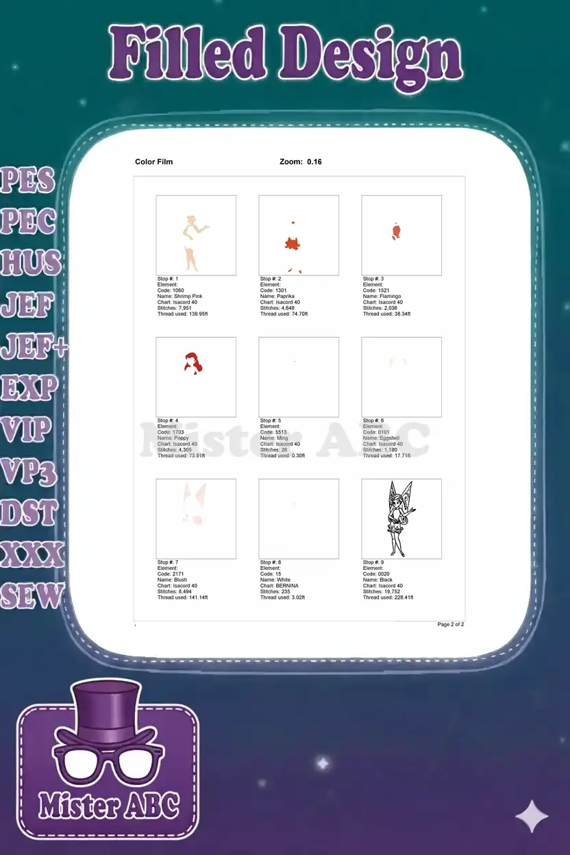 Color film sequence showing each stitch stop and thread usage for the Bloom fairy embroidery design.
