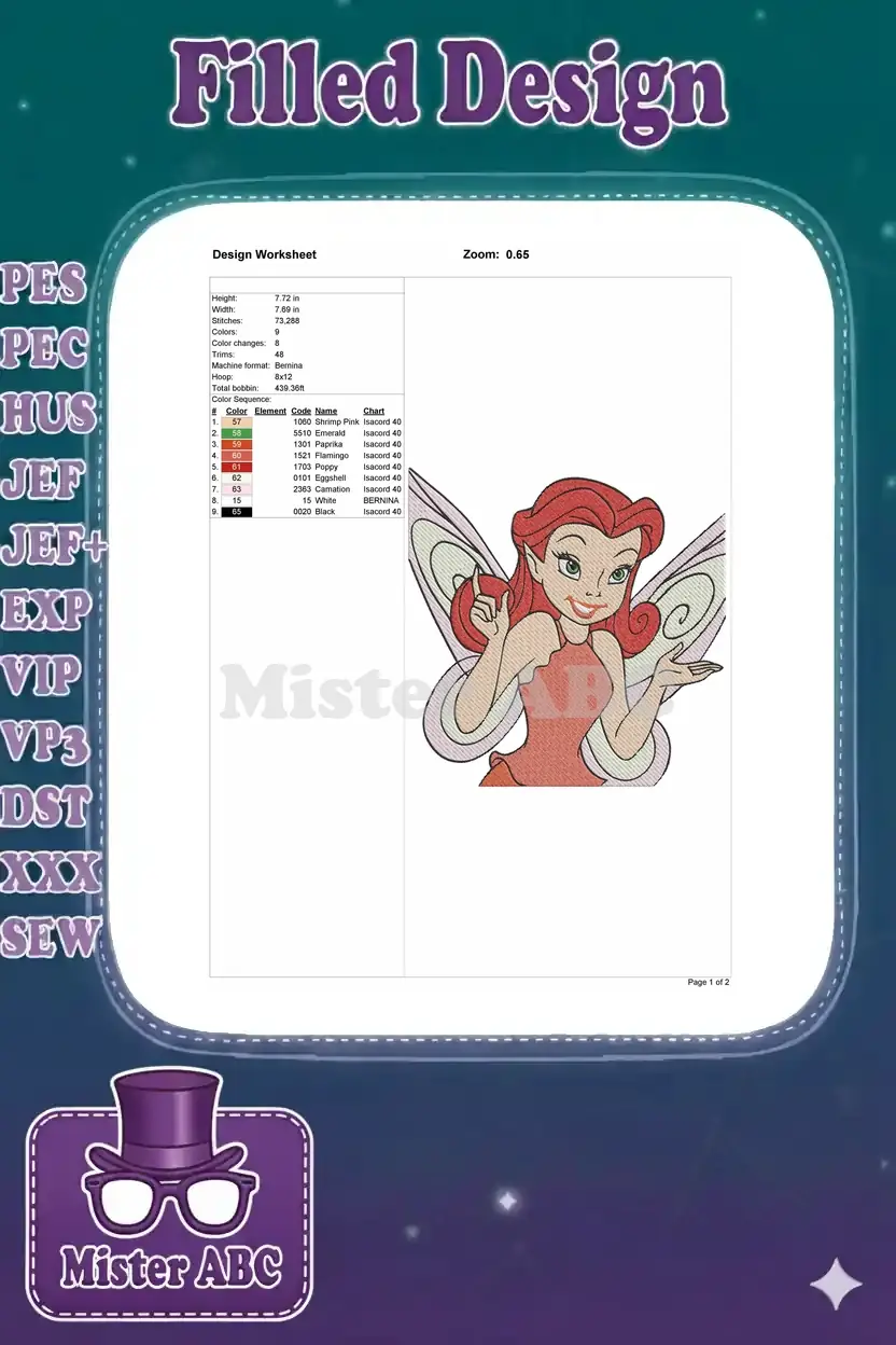 Detailed embroidery design worksheet for the Vidia fairy, showing dimensions, stitch count, and thread colors.