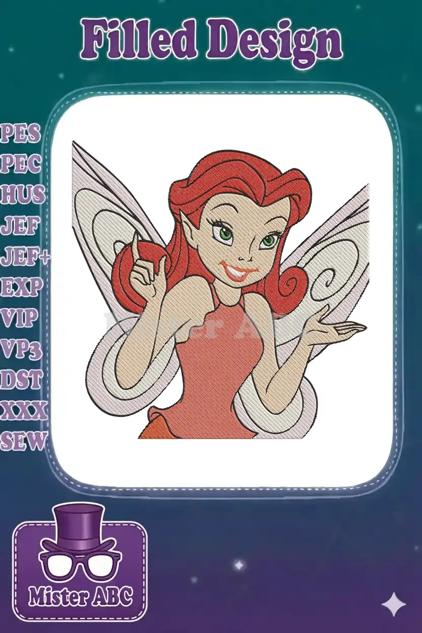 Close-up of a vibrant Vidia fairy embroidery design, featuring her red hair, green eyes, and delicate wings.