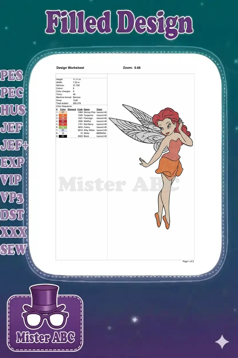 Embroidery design worksheet for the red-haired fairy, detailing dimensions, stitch count, color sequence, and thread types.