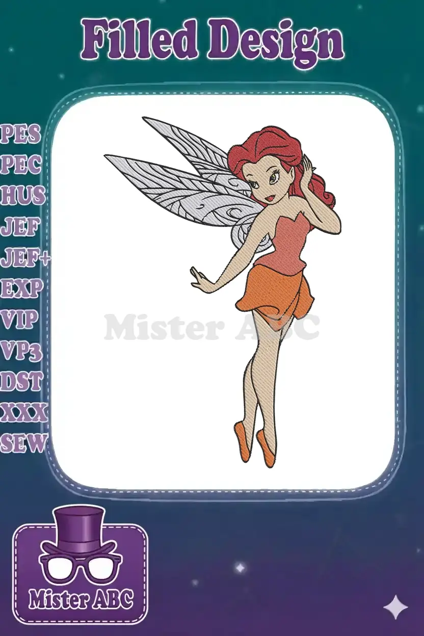A charming red-haired fairy embroidery design with orange attire and delicate wings, poised gracefully, ready for stitching.