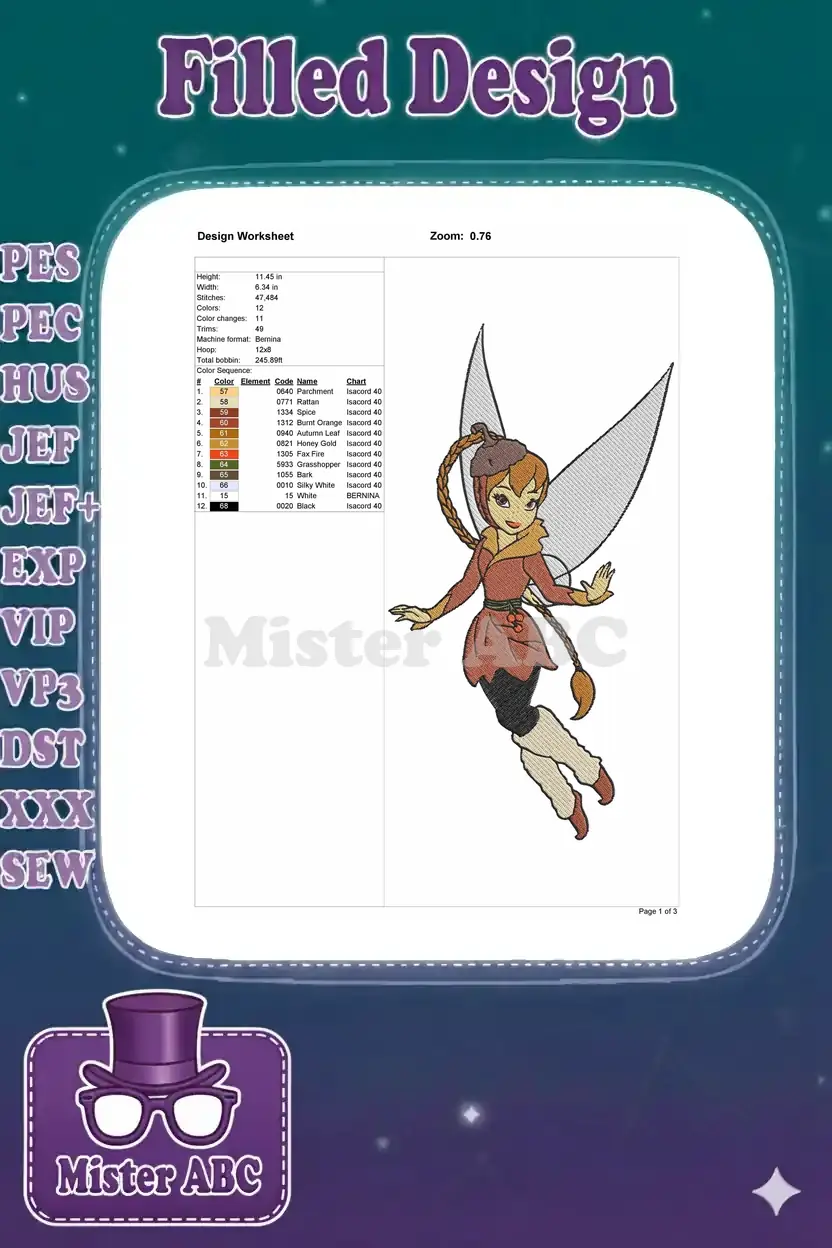 Design worksheet for Fawn embroidery, displaying dimensions, stitch count, color sequence, and thread codes.