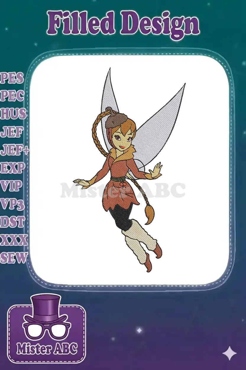 Embroidery design of Fawn from Tinker Bell, depicted as an autumn fairy with braided hair, acorn cap, and cherry dress.