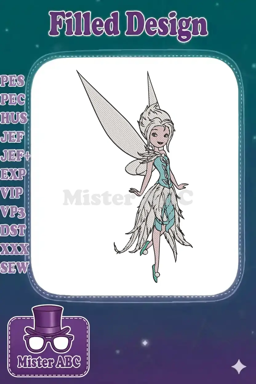 A beautiful machine embroidery design featuring Periwinkle, the Winter Fairy, in a graceful pose with delicate wings.