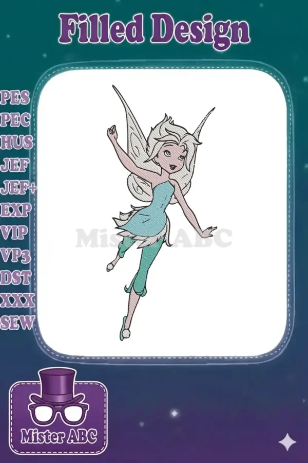 Full-color embroidery design of Periwinkle, a winter fairy, with flowing white hair, blue eyes, and teal outfit.
