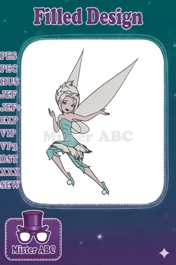 Vibrant embroidery design of Periwinkle, Tinker Bell's sister, featuring delicate wings and a blue outfit.