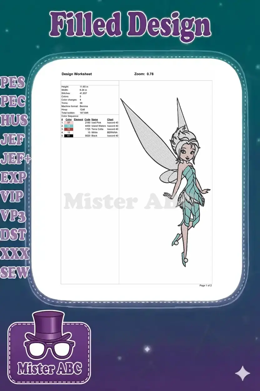 A detailed embroidery design worksheet for Tinker Bell, showing dimensions, stitch count, color sequence, and thread types.