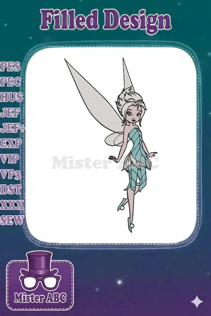 A stunning embroidery design of Tinker Bell, featuring her iconic teal leaf dress, delicate wings, and whimsical pose.