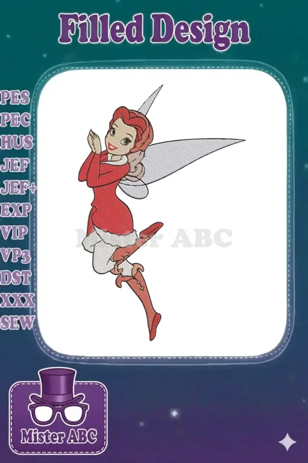 Vibrant embroidery of a cheerful holiday fairy, Fawn, in a red dress with white trim and delicate wings.