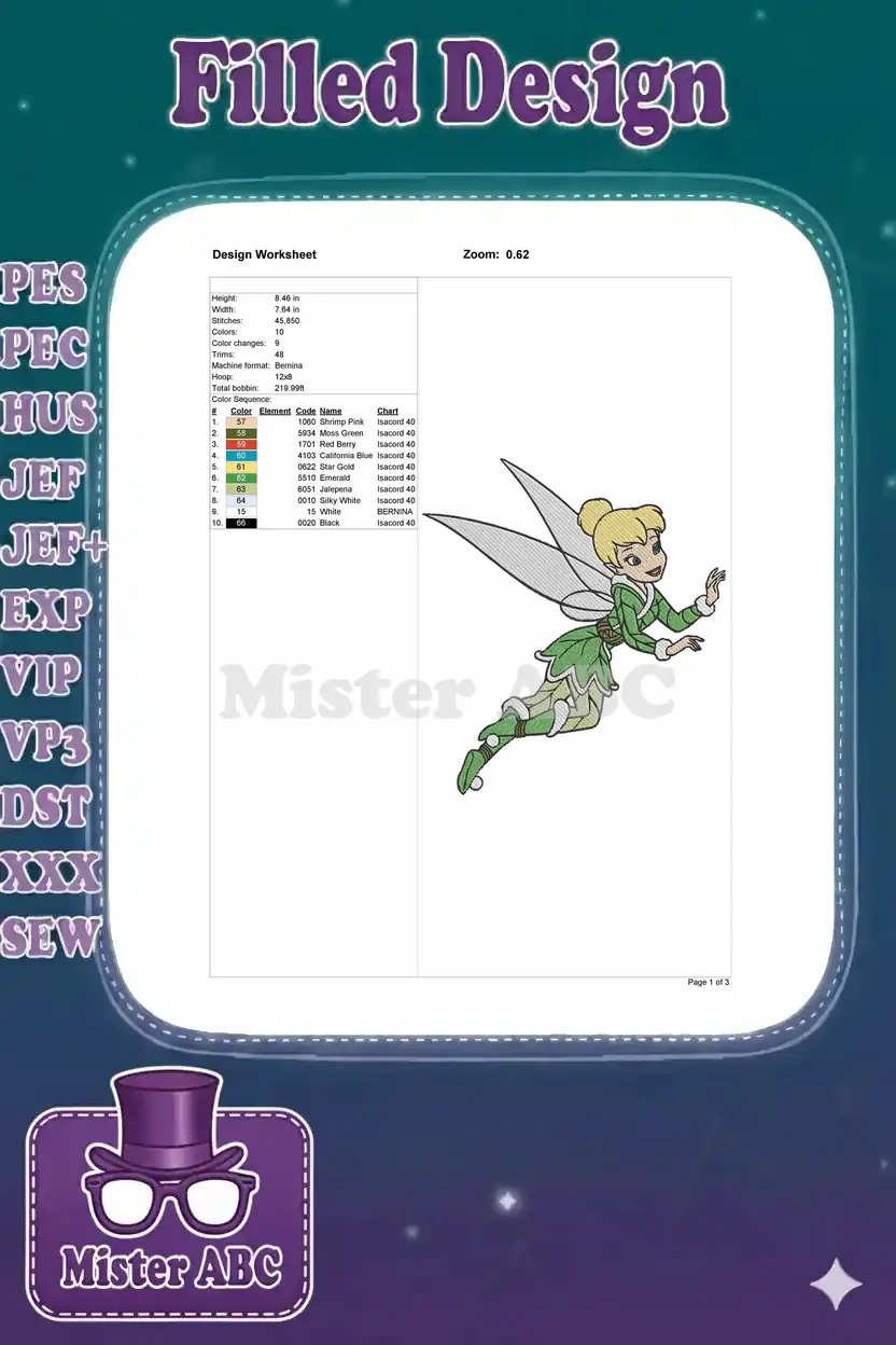 Detailed embroidery design worksheet for Tinker Bell, showing stitch count, dimensions, and thread colors.