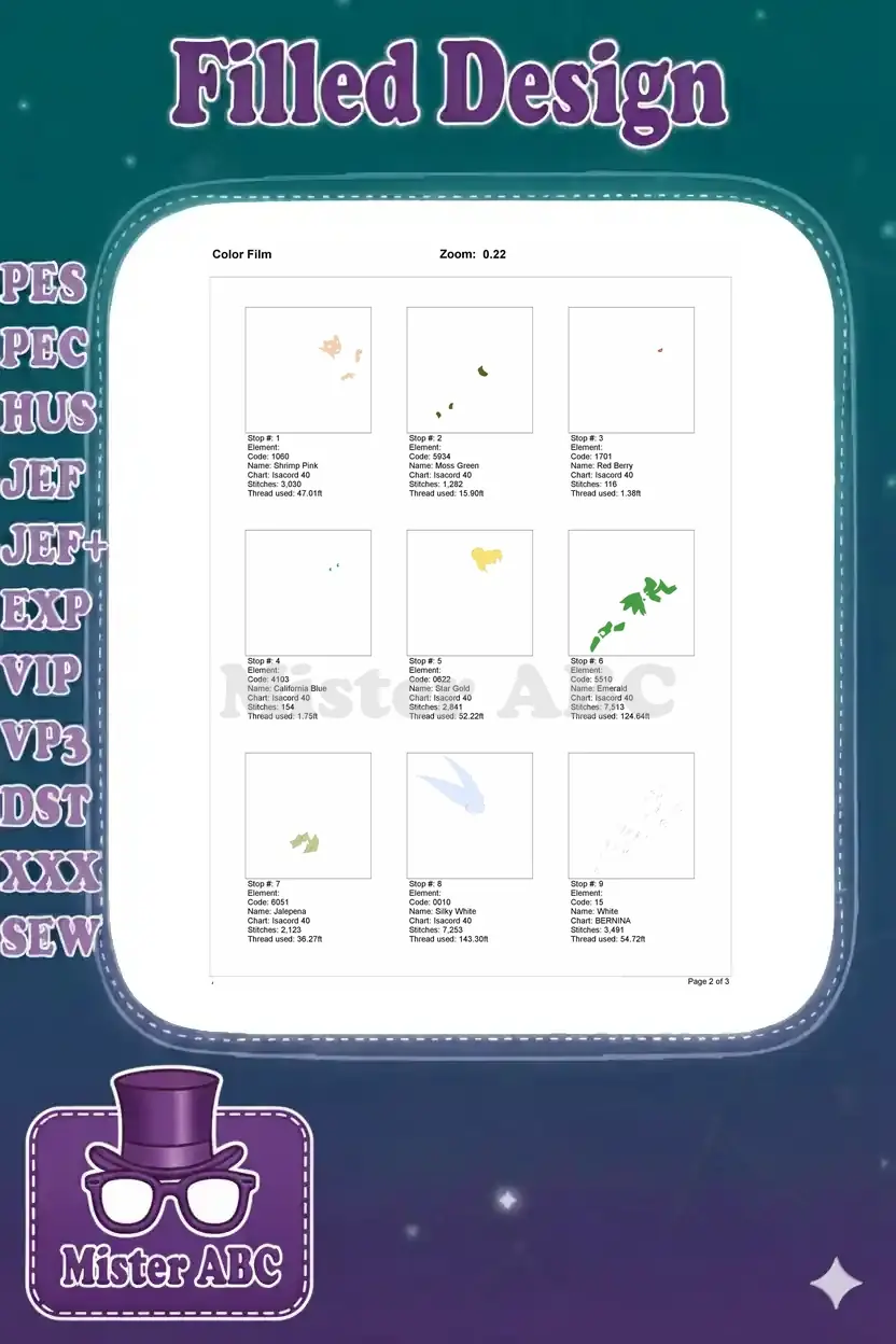 First page of the Color Film for Tinker Bell embroidery, detailing individual color stops and elements.
