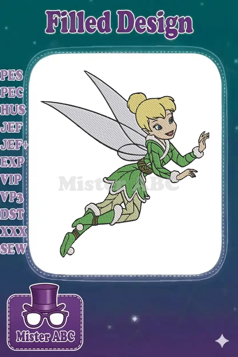 Vibrant embroidery of Tinker Bell flying, with blonde bun, green dress, and detailed translucent wings.