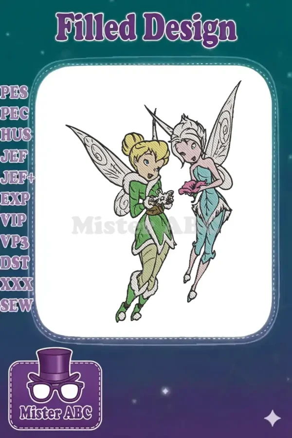 Tinkerbell and Silvermist, two beloved fairies, in a detailed, colorful embroidery design, radiating friendship.