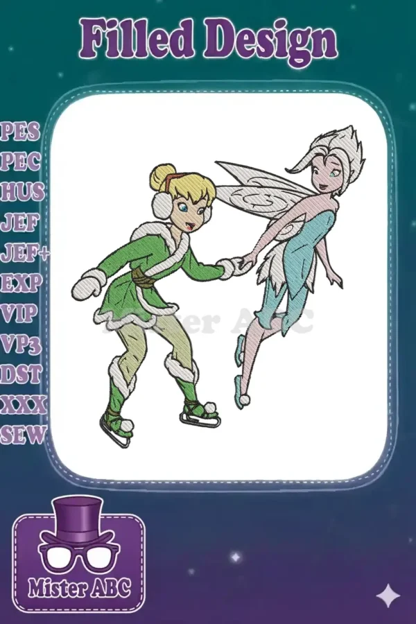 Disney fairies Tinker Bell and Periwinkle holding hands, ice skating and flying in festive winter outfits.